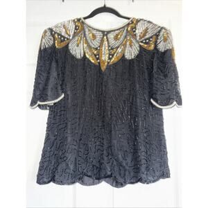 Vintage Lawrence Kazar Sz L Beaded Silk Top Black Gold‎ Silver Embellished Party